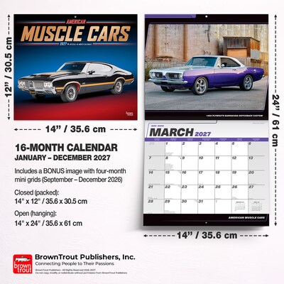 2027 BrownTrout American Muscle Cars 14" x 12" Monthly Wall Calendar, Assorted Colors (9798330712885)