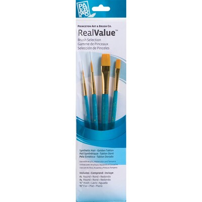 Princeton RealValue Mixed Media Synthetic Taklon Variety Brush Set, Blue, 4/Set, 3 Sets/Bundle (PBXPR9171-3)