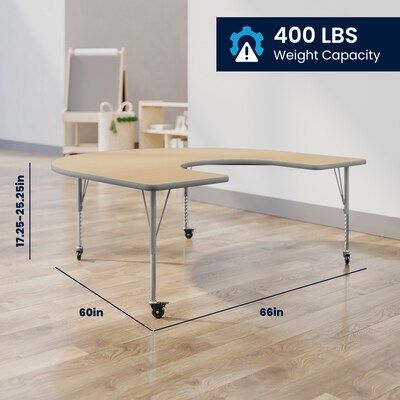 Flash Furniture Wren Horseshoe Activity Table, 66" x 60", Height Adjustable, Light Natural Top/Silver Frame (XUA6066HRSLNTPC)