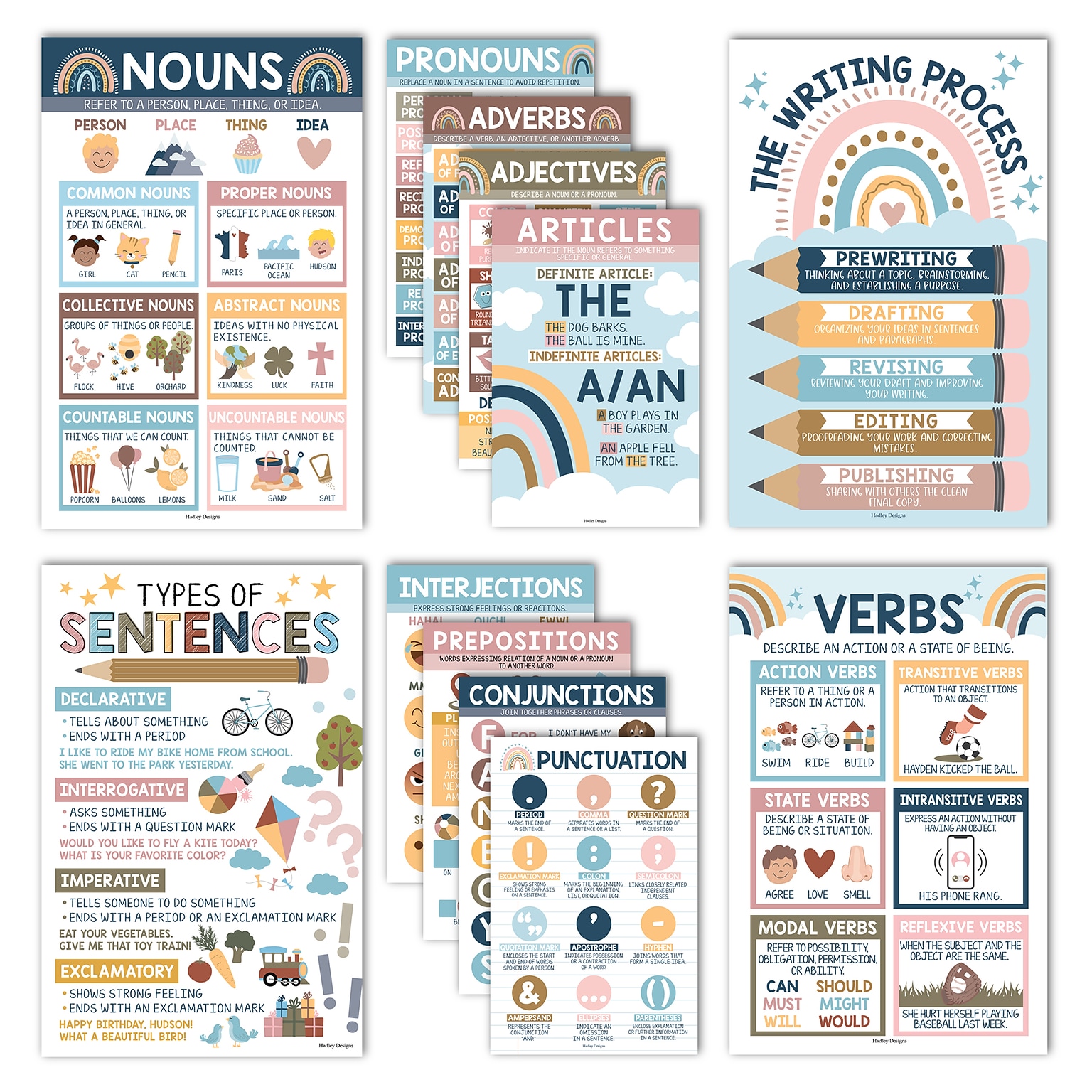 Hadley Designs 11 x 17 Boho Parts of Speech Language Arts and Grammar Laminated Posters, 12/Set (HDDX004A2K2JT)