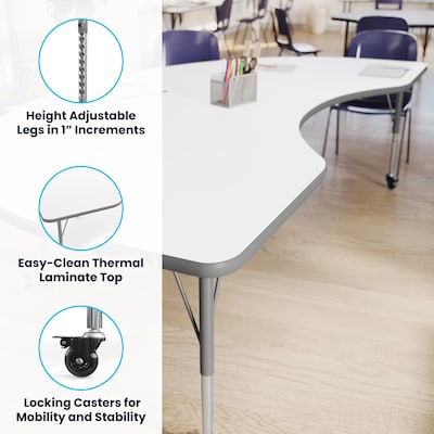 Flash Furniture Wren Kidney Activity Table, 96" x 48", Height Adjustable, White Top/Silver Frame (XUA4896KDWHTAC)