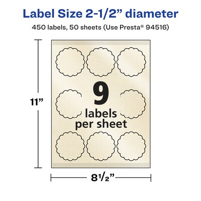 Avery Pearlized Ivory Decorative Edge Multipurpose Labels, 2.5" Dia., Ivory, 450/Box (94516)