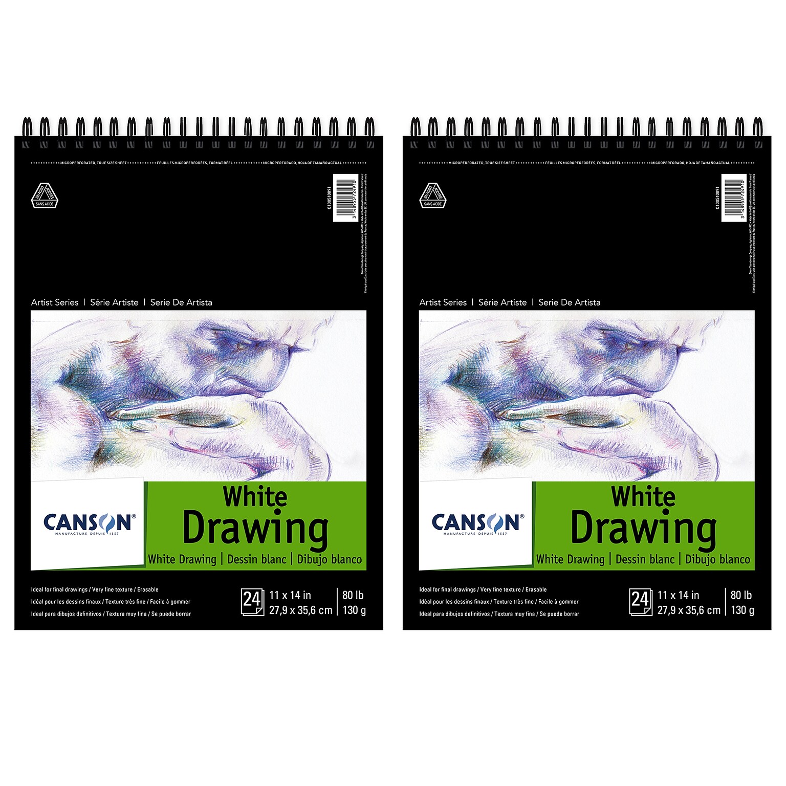 Canson Artist Series 11 x 14 Wire Bound Drawing Sketch Pad, 24 Sheets/Pad, 2/Bundle (MCXC100510891-2)