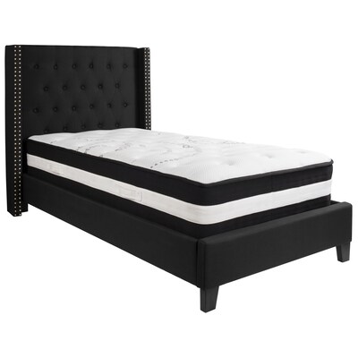 Flash Furniture Riverdale Tufted Upholstered Platform Bed in Black Fabric with Pocket Spring Mattress, Twin (HGBM37)