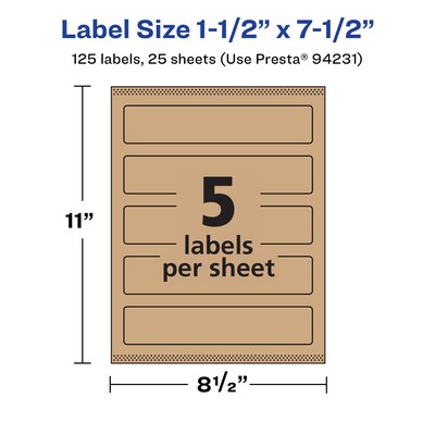 Avery Laser/Inkjet Multipurpose Labels, 7.5" x ", Kraft Brown, 125/Pack (94231)