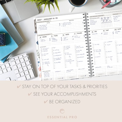 2027 Excello Brands Essential Pro 8.5" x 11" Weekly & Monthly Planner, Colorful Botanicals (ESPRO-CY27-8511-30)