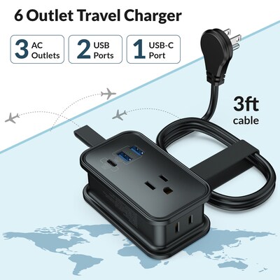 Uncaged Ergonomics 3-Outlet 3-USB Port Power Strip, 3, Black (TC-b)
