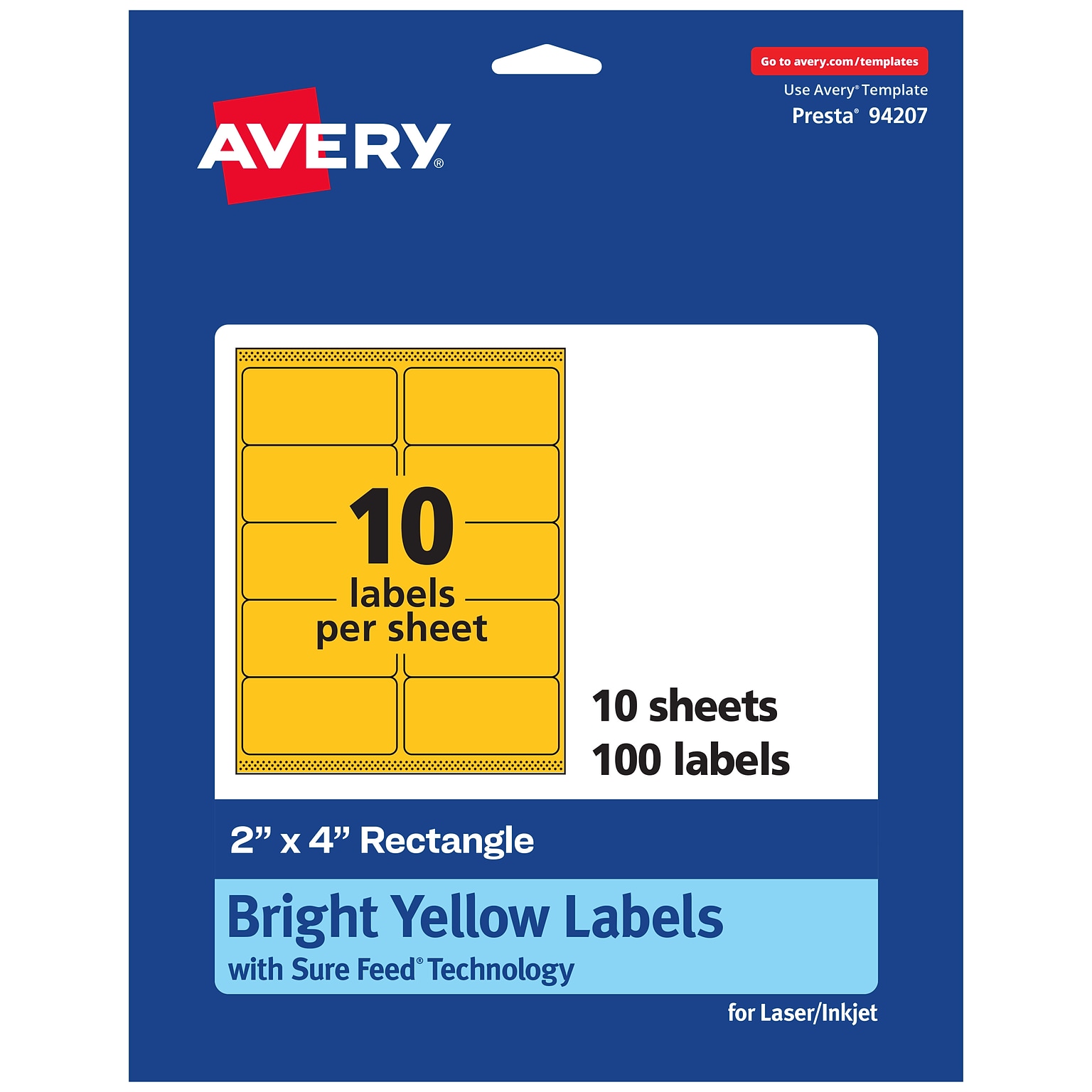 Avery Laser/Inkjet Rectangle Multipurpose Labels, 2 x 4, Bright Yellow, 100/Pack (94207)