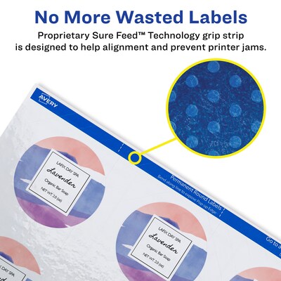 Avery Print-to-the-Edge Laser/Inkjet Round Labels, 2 1/2" Dia, Glossy White, 90 Labels/Pack (22830)