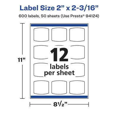 Avery Laser/Inkjet Square Multipurpose Labels, 2.1875"  x 2", Glossy White, 600/Box (94124)