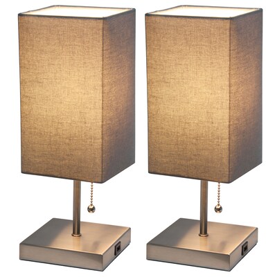 Simple Designs Petite Stick Lamp with USB Charging Port and Fabric Shade, Gray, 2/Pack (LC2003-GRY-2PK)