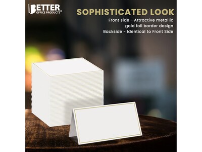 Better Office 2" x 3.5" White/Gold Table Tent Place Card, 100/Pack (64646-100PK)