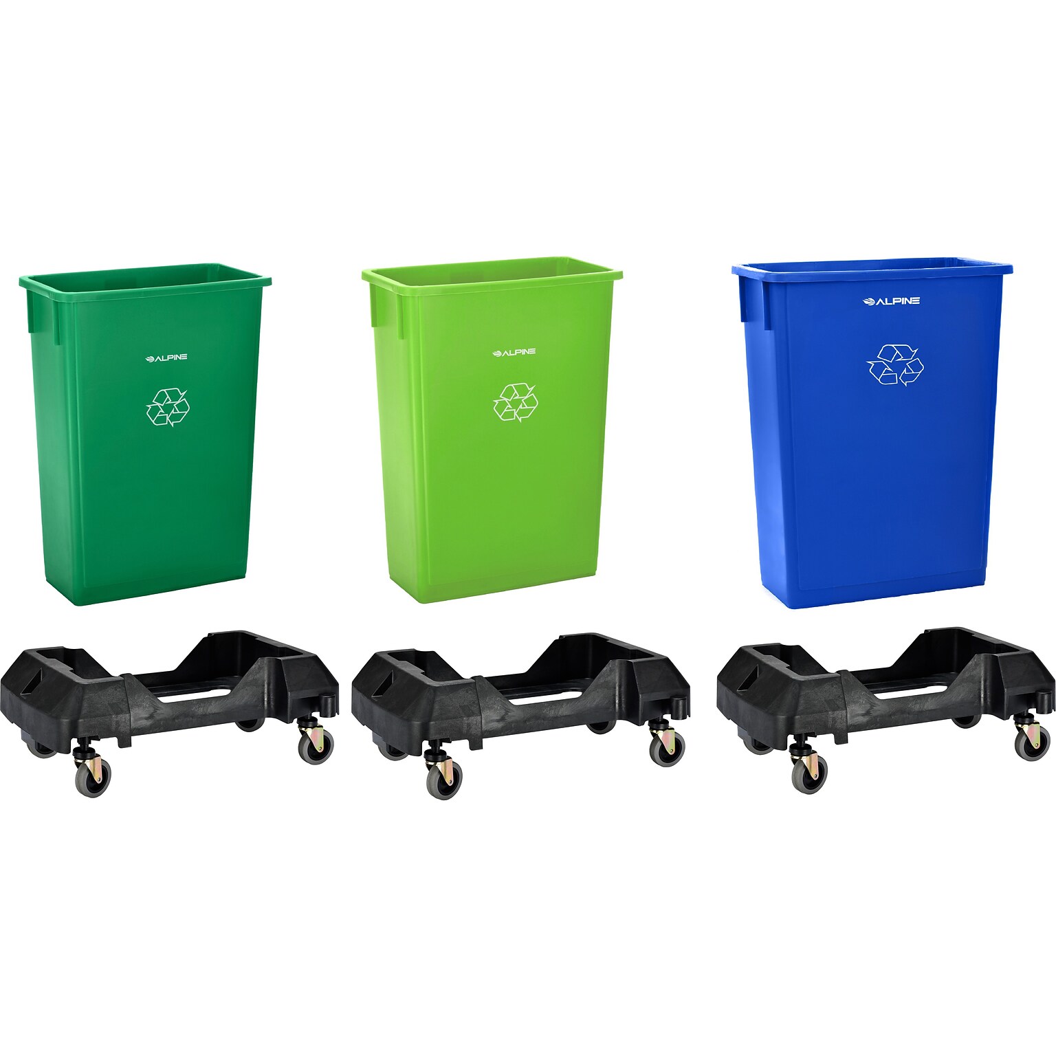 Alpine Industries Polypropylene Recycling Bin with Dolly, 23 Gallon, Assorted Colors, 3/Pack (ALP477-BGL-PKD)