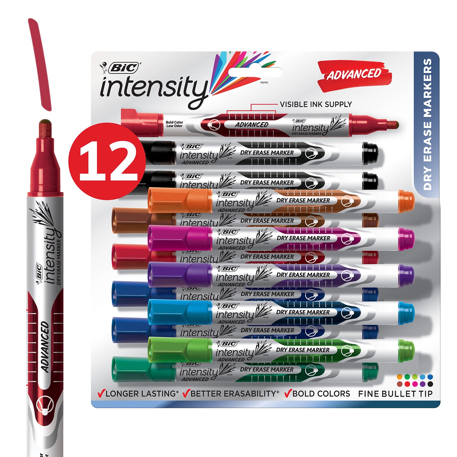 BIC Intensity Advanced Dry Erase Markers, Fine Bullet Tip, Assorted Colors, 12/Pack (GELIPP121AST)