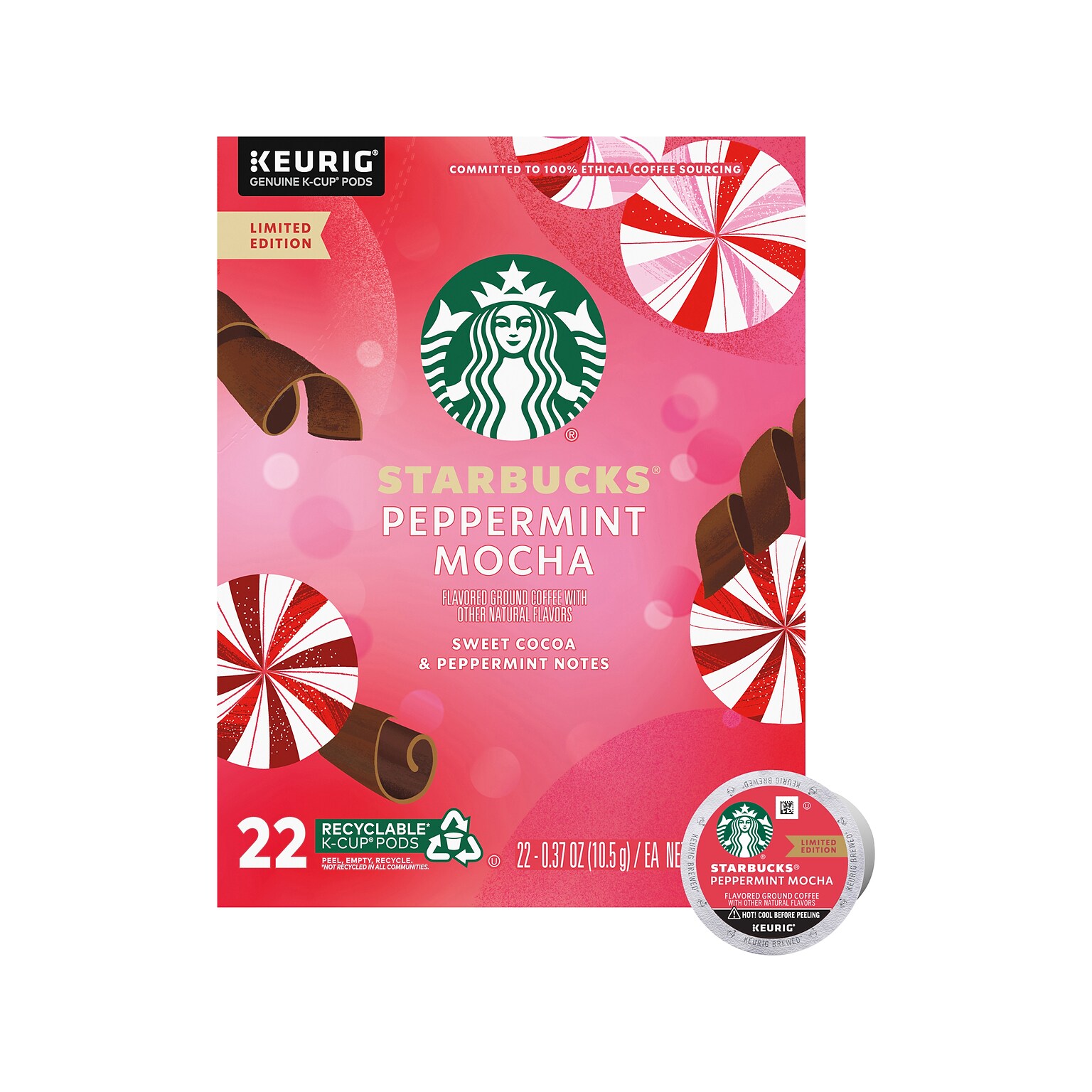 Starbucks Peppermint Mocha Coffee Keurig K-Cup Pods, Light Roast, 22/Box (12437832)