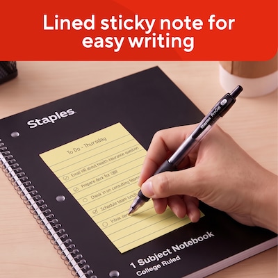 Staples Recycled Sticky Notes, 4" x 6", Sunshine Collection, Lined, 100 Sheets/Pad, 5 Pads/Pack (S46YR/552572)