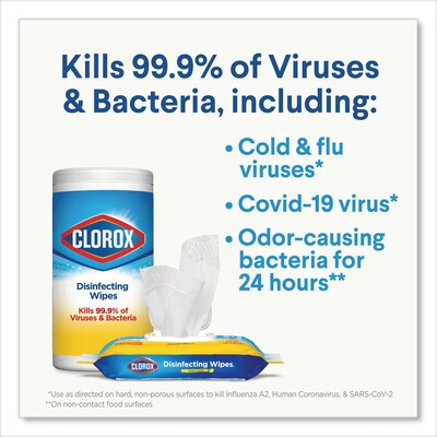 Clorox Disinfecting Wipes, Crisp Lemon, 75 Wipes/Container, 6 Containers/Carton (CLO31404)