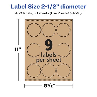 Avery Laser/Inkjet Decorative Edge Multipurpose Labels, 2.5" Dia., Kraft Brown, 450 Labels/Box ( 94516)