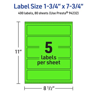 Avery Laser/Inkjet Multipurpose Rectangle Labels, 1.75" x 7.75", Neon Green, 400/Box (94232)