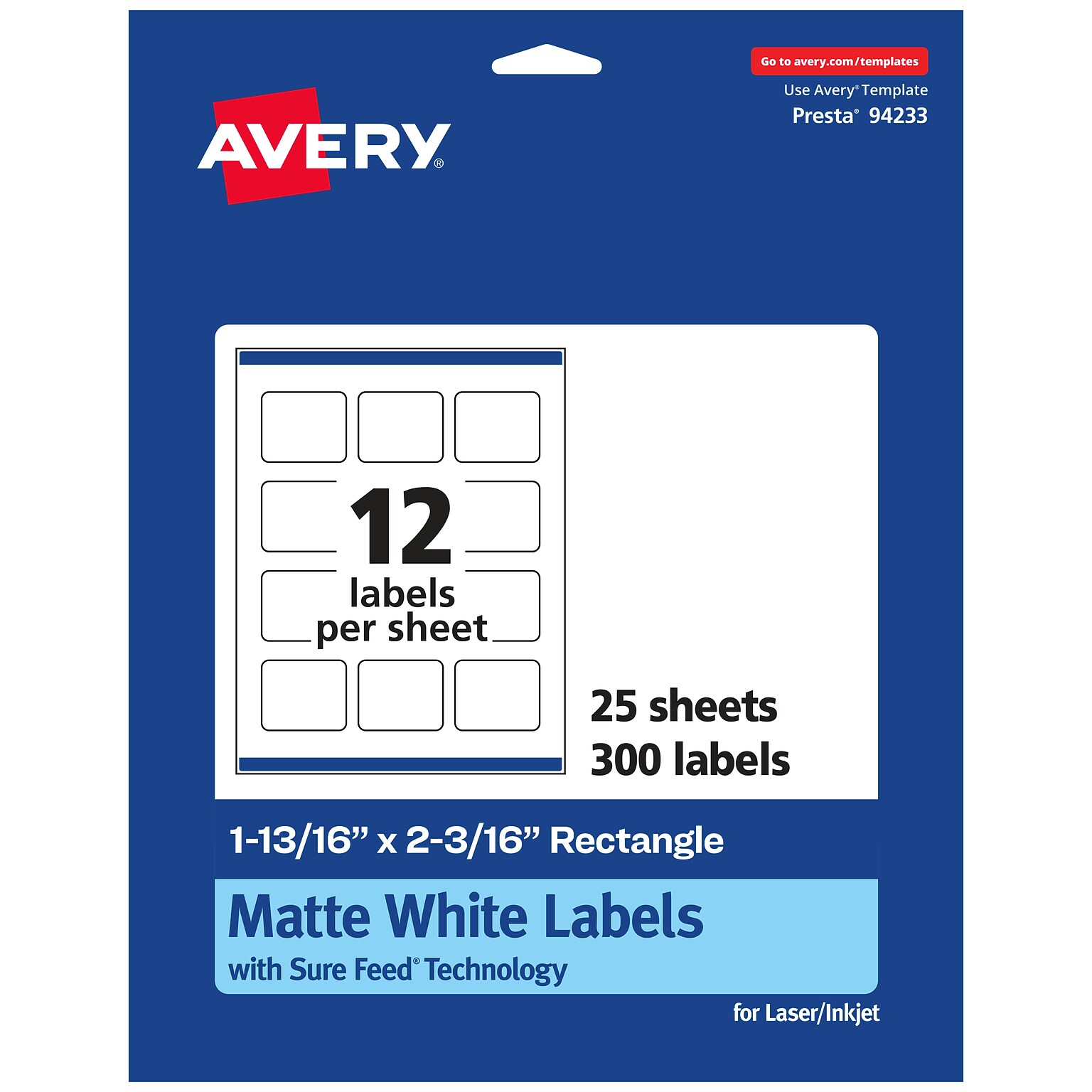 Avery Laser/Inkjet Multipurpose Labels, 2.1875  x 1.8125, Matte White, 300/Pack (94233)