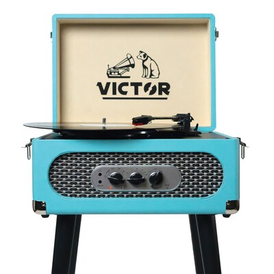 Victor Andover Dual-Bluetooth Belt-Drive 5-in-1 Suitcase-Style Record Player with Legs, Turquoise (VWRP-3200-TQ)