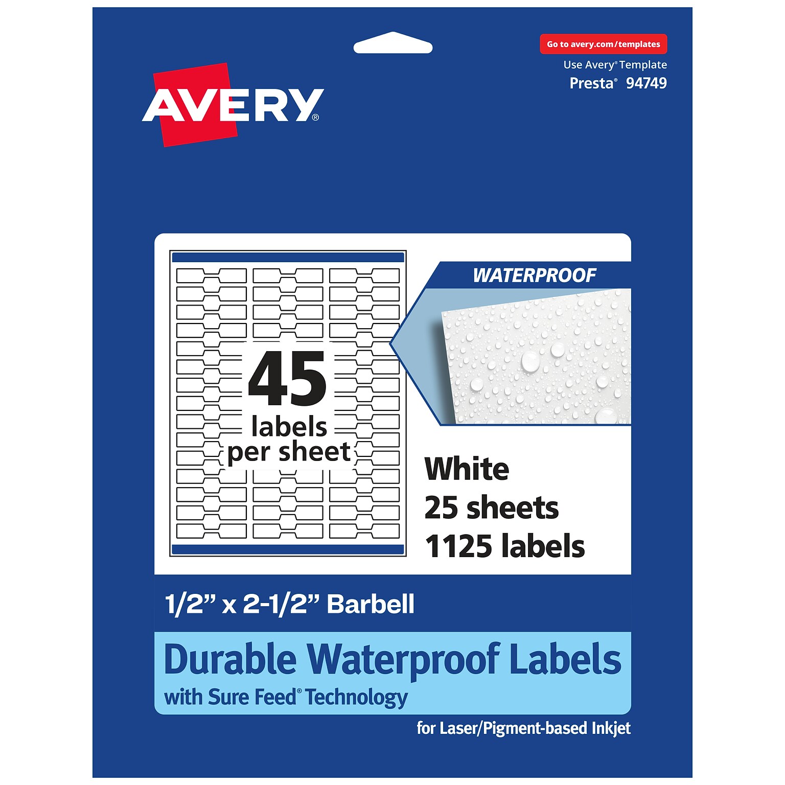 Avery Laser/Inkjet Decorative Edge Waterproof Multipurpose Labels, 2.5  x 0.5, White, 1125/Pack (94749)