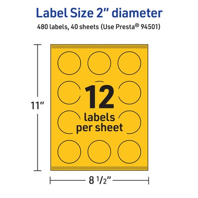 Avery Laser/Inkjet Round Multipurpose Labels, 2" Dia., Bright Yellow, 480/Pack (94501)