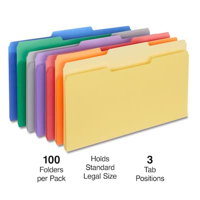 Quill Brand® File Folders, Assorted Tabs, 1/3-Cut, Legal, Assorted Colors, 100/Box (741013AD)