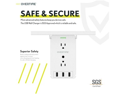 Overtime Wall Outlet Shelf, 8 Outlets and 3 USB Ports, Surge Protector, White (OTWP8O3USB)