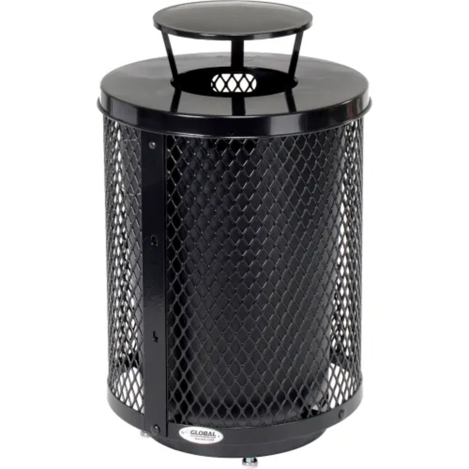 Global Industrial Outdoor Diamond Steel Trash Can w/ Rain Bonnet Lid & Base, 36 Gallon, Black (261926BKD)