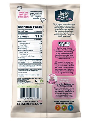 Lesser Evil Snack Organic Himalayan Pink Salt Popcorn, 0.88 oz., 18 Bags/Carton (LSN00141)
