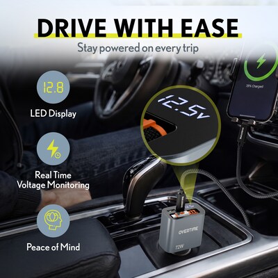Overtime A50 72W USB-C and USB-A Car Charger with 2 ft Retractable USB-C Cable, Black (OCA50BK)