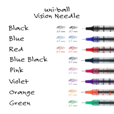 uni-ball Vision Needle Rollerball Pens, Fine Point, 0.7mm, Assorted Ink, 8/Pack (1734916)