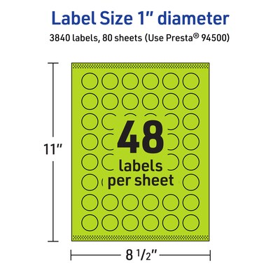 Avery Laser/Inkjet Multipurpose Circle Labels, 1" Dia., Bright Green, 3840/Box (94500)