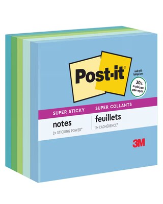 Post-it Recycled Super Sticky Notes, 3 x 3, Oasis Collection, 90 Sheet/Pad, 5 Pads/Pack (654-5SST)