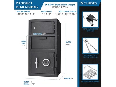 Barska Dual-Compartment Steel Depository Safe with Keypad Lock, 0.72/0.78 cu. ft., Black (AX13310)