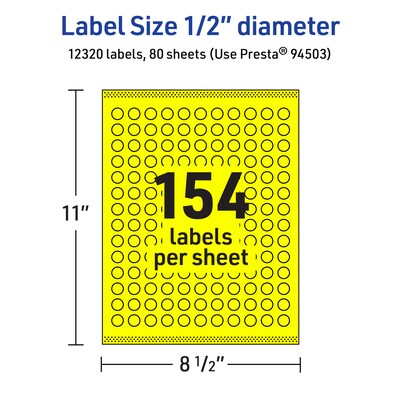 Avery Laser/Inkjet Round Multipurpose Labels, 0.5" Dia., Neon Yellow, 12320/Box (94503)