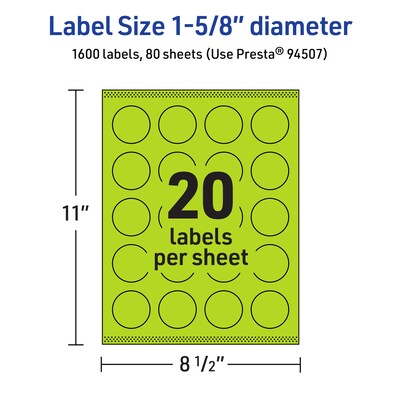 Avery Circle Multipurpose Labels, 1-5/8" Dia., Bright Green, 1600/Box (94507)