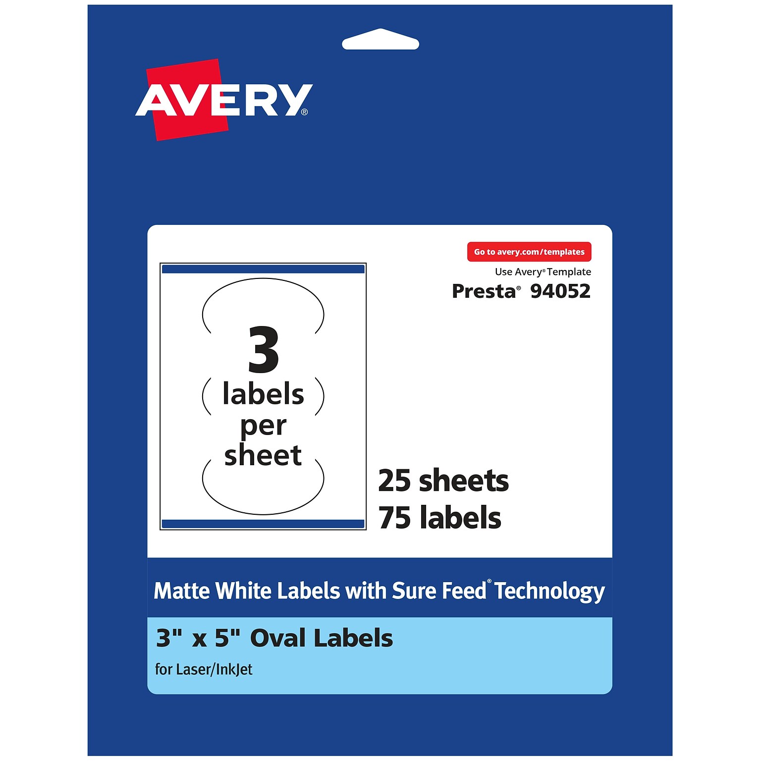 Avery Laser/Inkjet Oval  Multipurpose Labels, 5  Dia, Matte White, 75/Pack (94052)