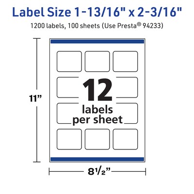 Avery TrueBlock Laser/Inkjet Rectangle Multipurpose Labels, 1-13/16" x 2-3/16", White, 1200/Box (94233)