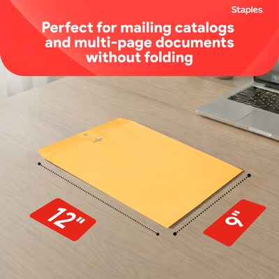 Staples Clasp Close Kraft Catalog Envelopes, 9"L x 12"H, Brown, 250/Box (487493/17242)