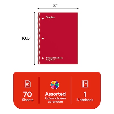 STAPLES 1-Subject Notebook, 8” x 10.5”, Wide Ruled, 70 Sheets, Assorted Colors