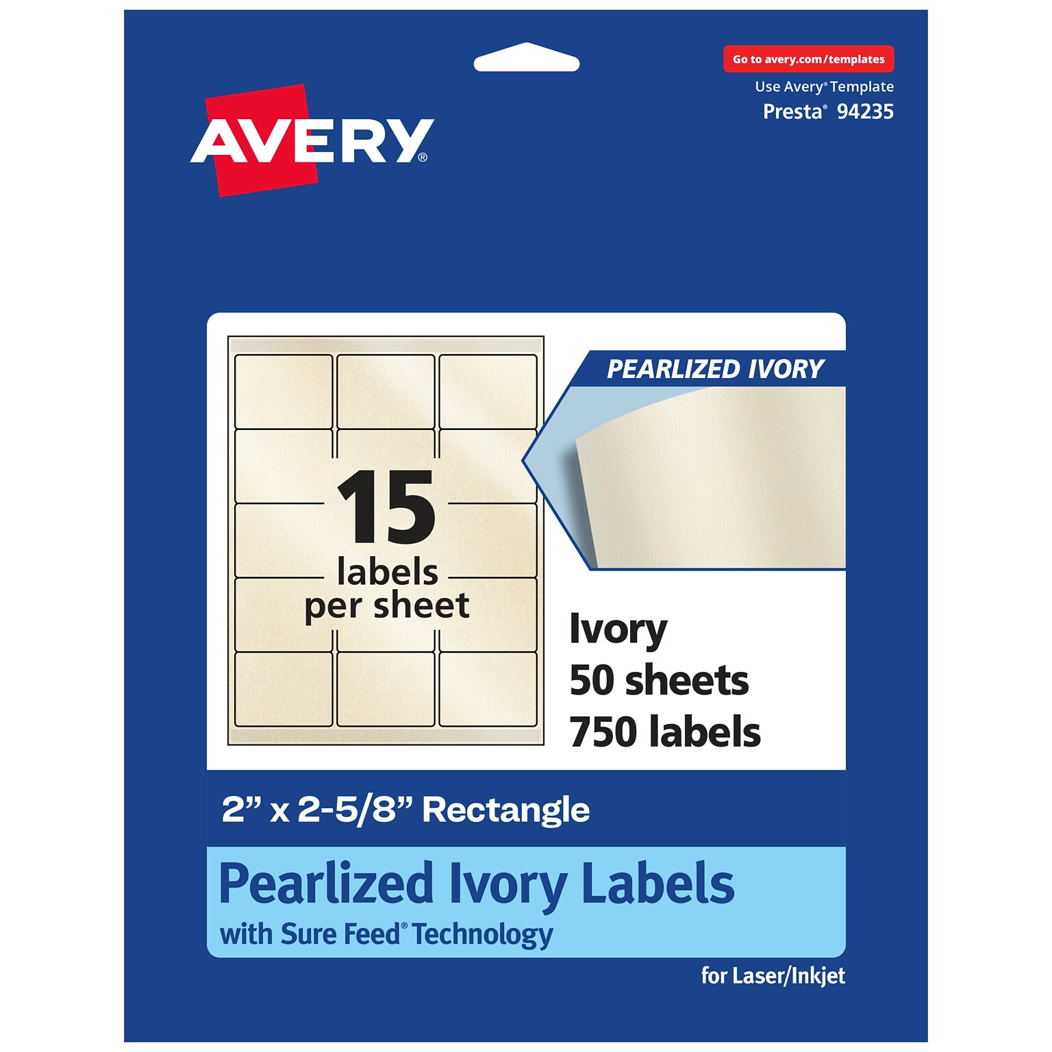 Avery Pearlized Ivory Rectangle Multipurpose Labels, 2 x 2-5/8, Ivory, 750/Box (94235)