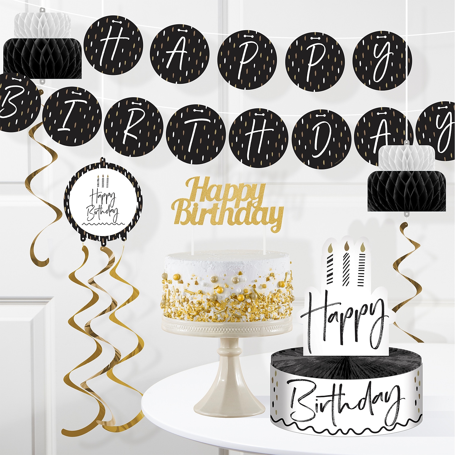 Creative Converting Golden Wishes Birthday Decor Kit, Black/Gold, 6/Pack (DTC9506E1A)