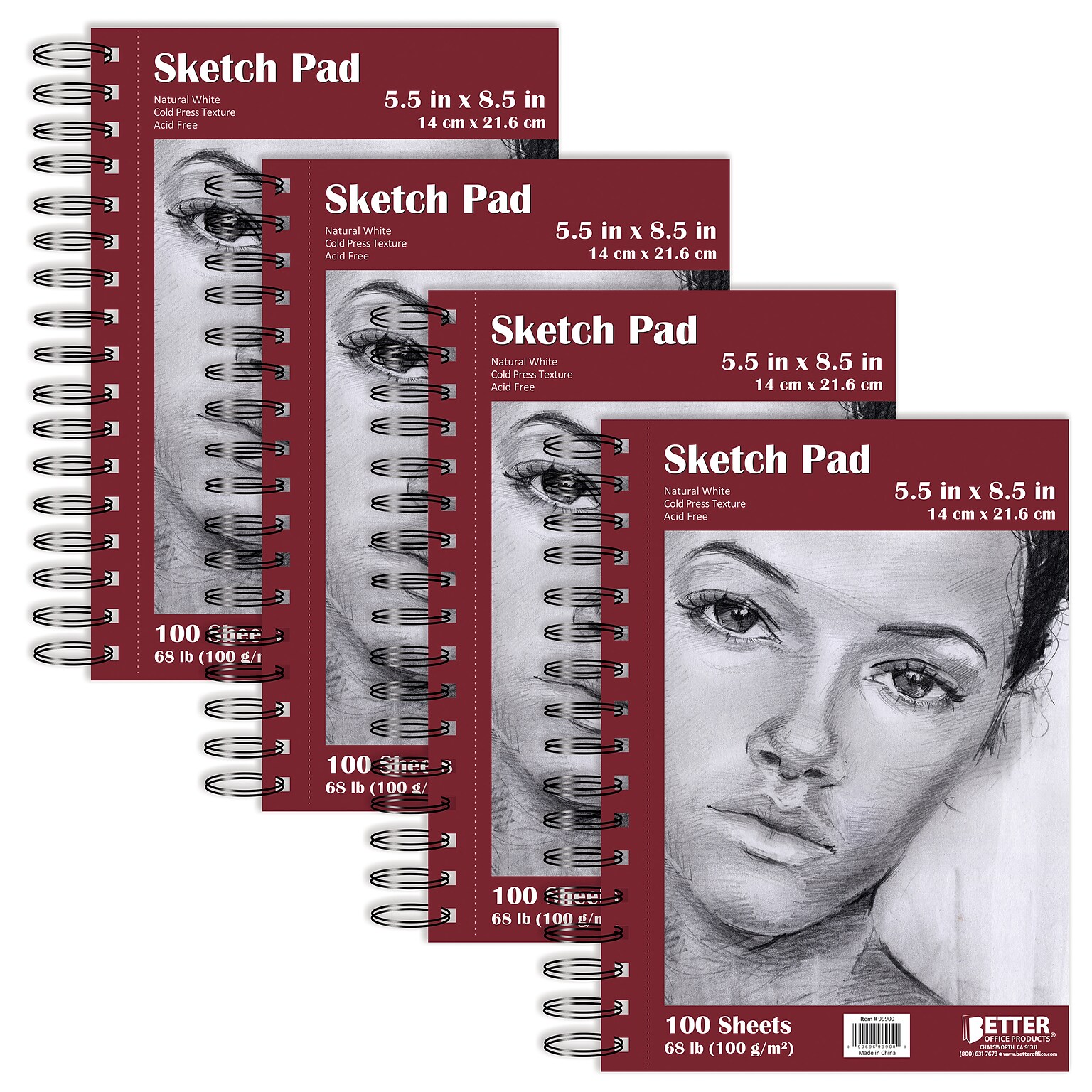 Better Office Products Artist Sketch Pads, Side-Spiral Bound , 5.5 x 8.5, Premium Paper, 100 Sheets Per Pad (01305-4PK)