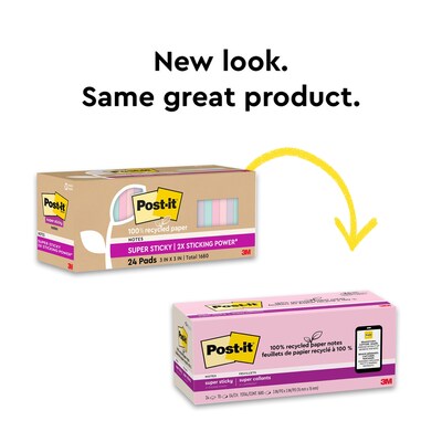 Post-it Recycled Super Sticky Notes, 3" x 3", Wanderlust Pastels Collection, 70 Sheets/Pad, 24 Pads/Pack (654R-24SSNRPCP)