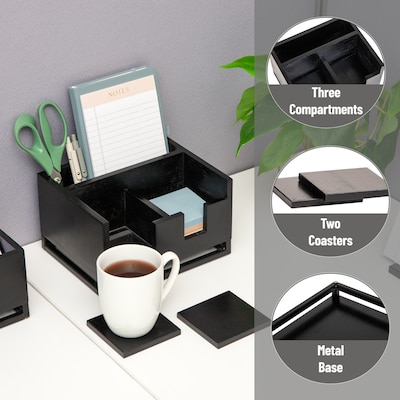 Mind Reader Desktop Organizer with 2 Coasters, 3 Compartments, Black (COASDORG-BLK)