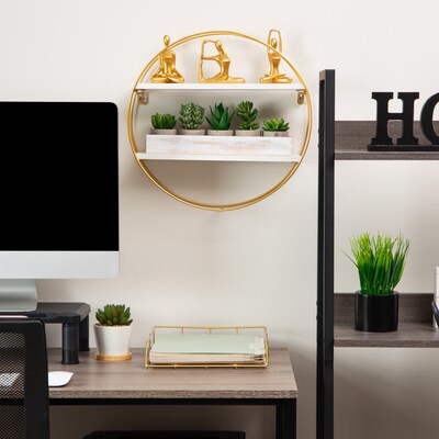 Mind Reader Metal Floating Round Wall Shelf, 15.5" x 3.81" x 16", White/Gold (MDGCIR-WHT)