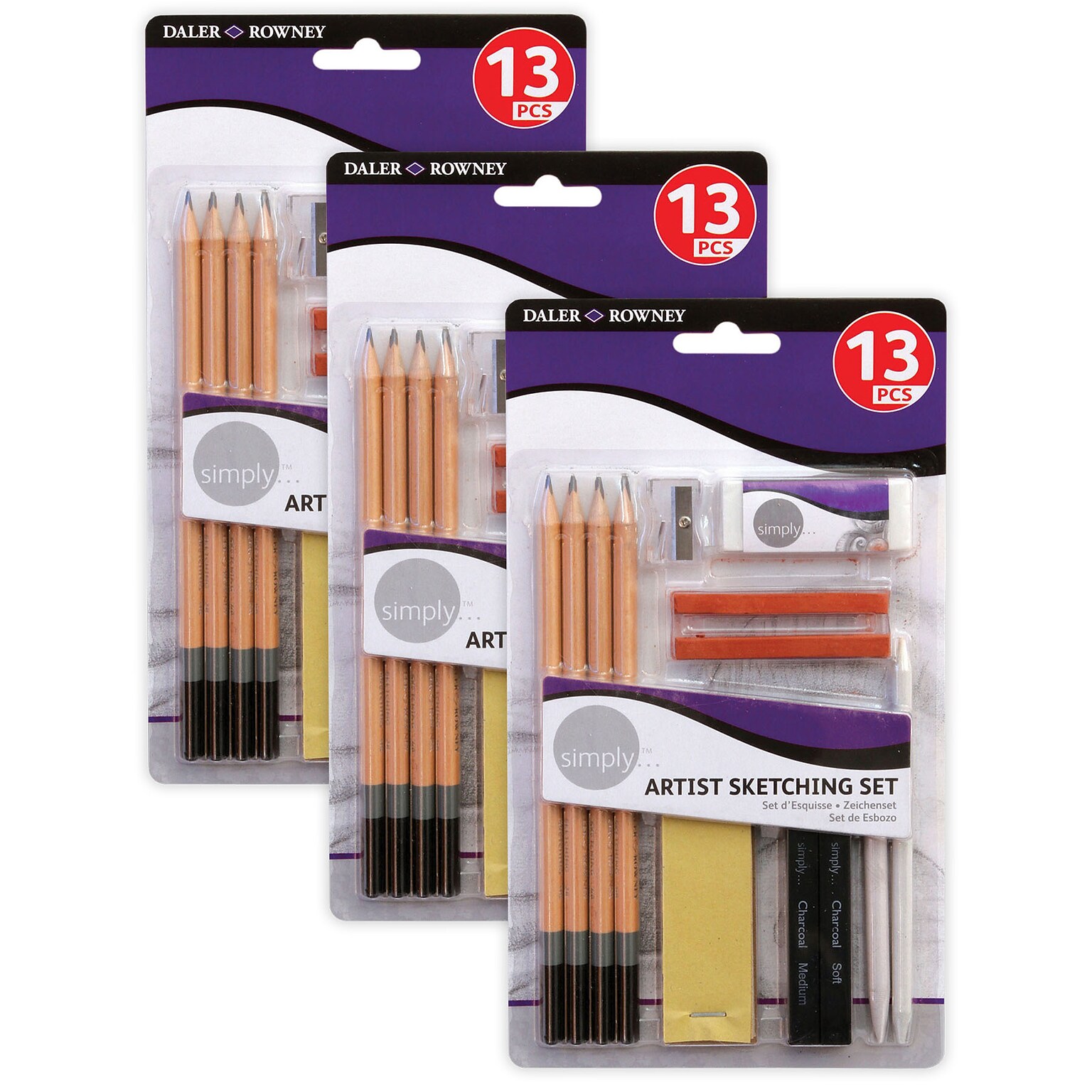 Daler-Rowney Simply... Sketching Pencils Set, 13 Pencils/Set, 3 Sets/Bundle (DRWD644200000-3)
