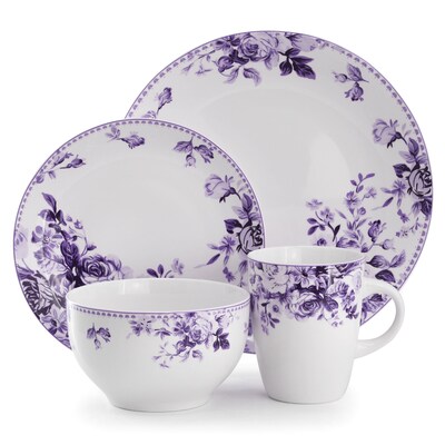 Elama Traditional Rose Stoneware Dinnerware Set, Purple, 16 Piece (935121712M)